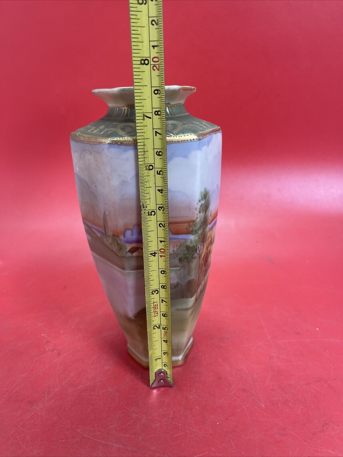 Antique Nippon Morimura Hexagonal Landscape Vase 7.75"