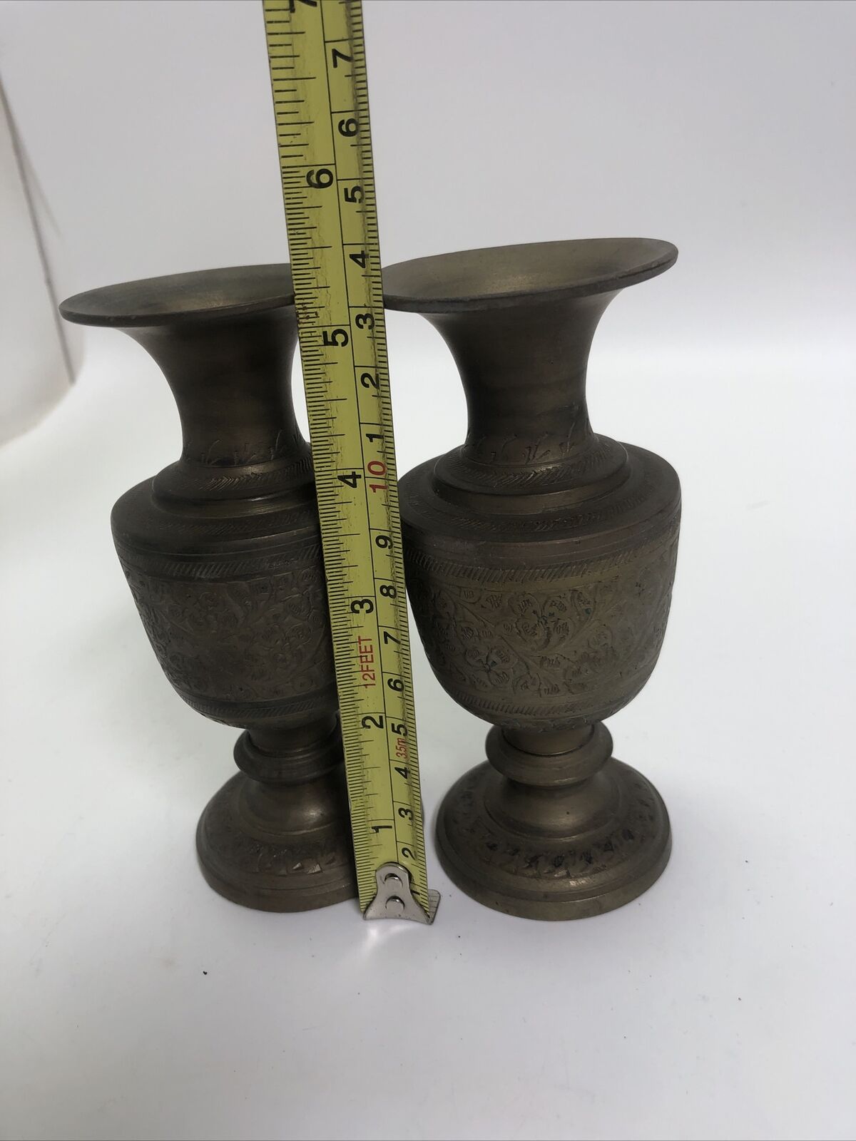 Vintage Pair of Indian Painted and Etched Brass Vases