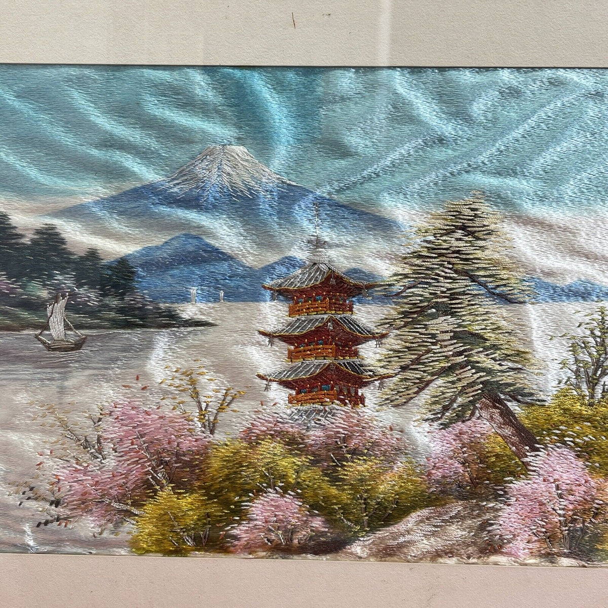 Vintage Silk Embroidered picture Japanese Landscape frame
