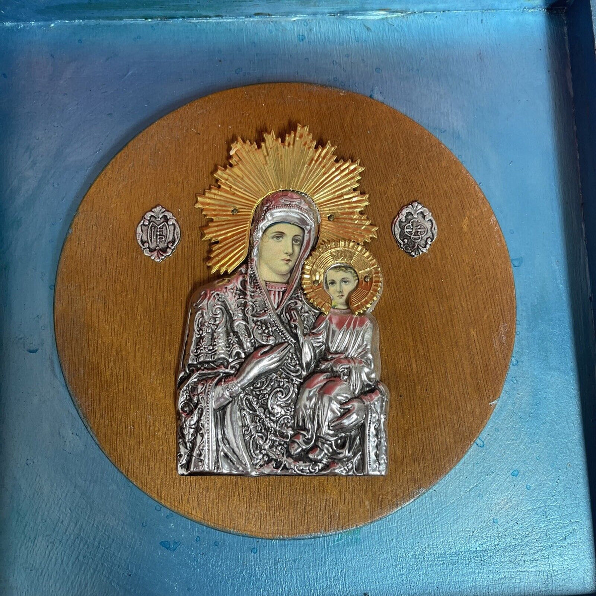 Vintage Orthodox Icon Mary Baby Jesus Large Shadow Box Emboss Carved Wood