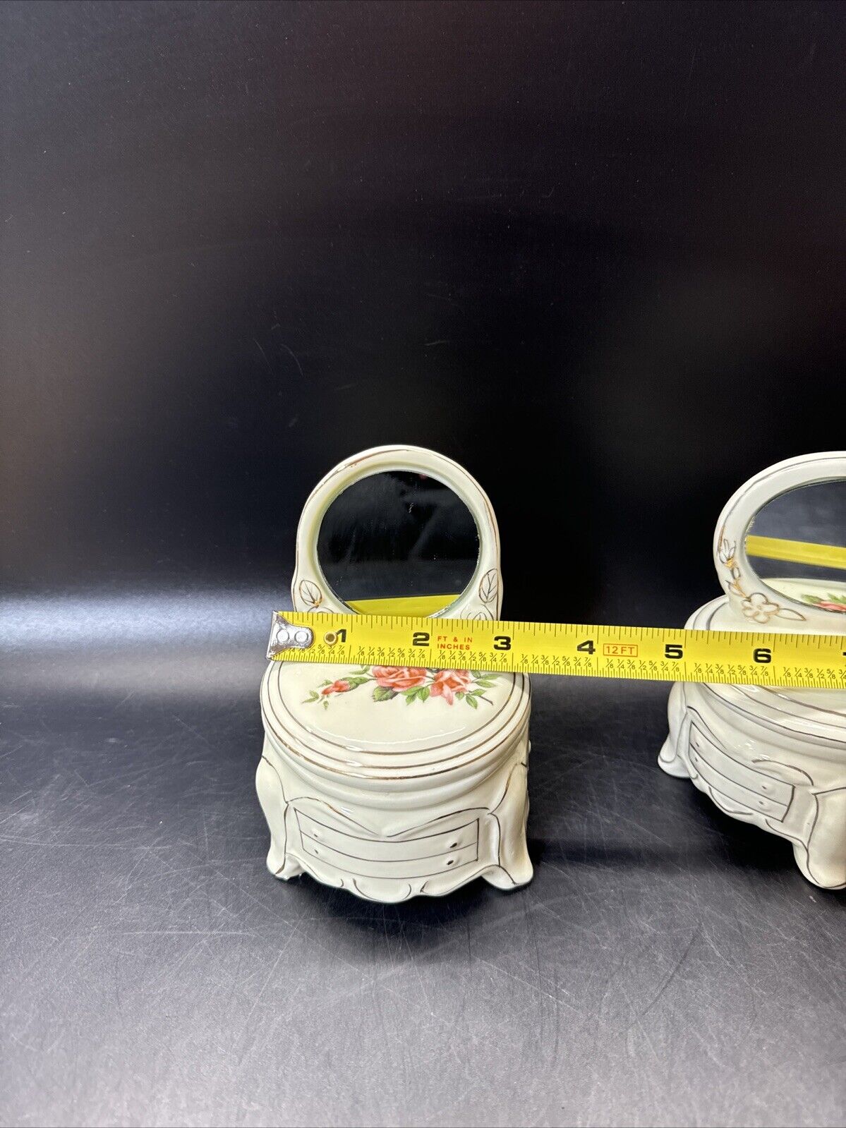 Dresser Jewelry Trinket Vanity Set 2- Mirrors Lidded Footed Floral Porcelain