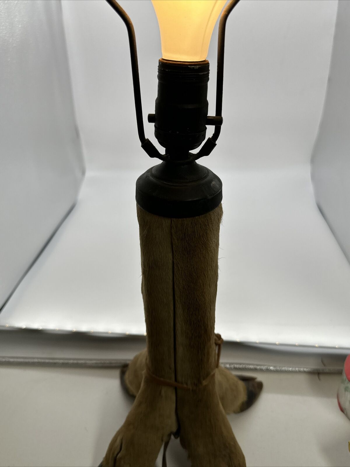 Vintage Deer Leg Lamp with Vintage Brass Riser - Stem. 4 Legs & Japanned Sphere