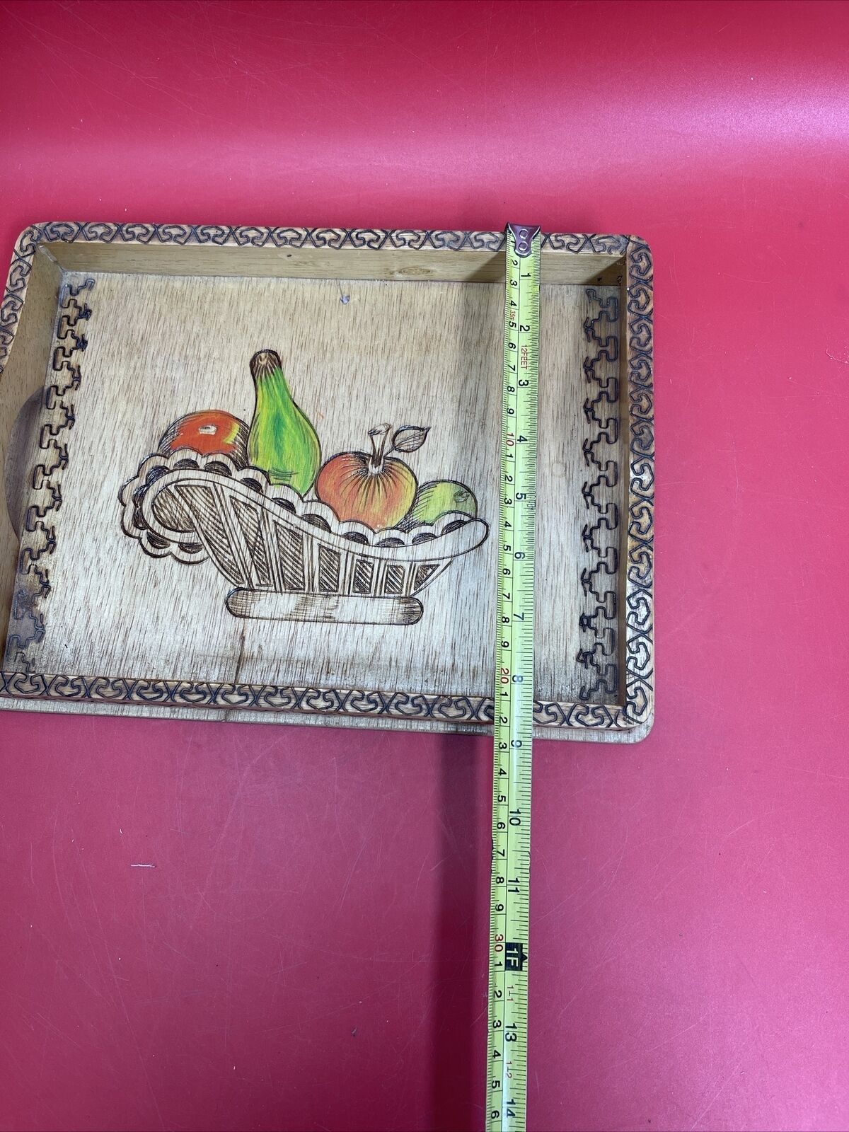 Vintage carved wooden tray with tropical island fruits and border Lot 4