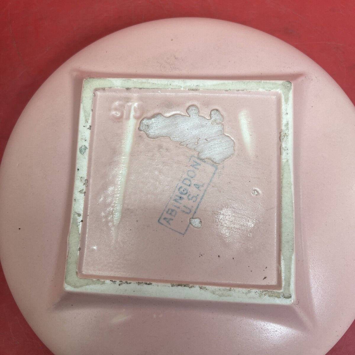Abingdon USA Pottery Light Pink Salmon Planter Dish Bowl Marked Ceramic Round