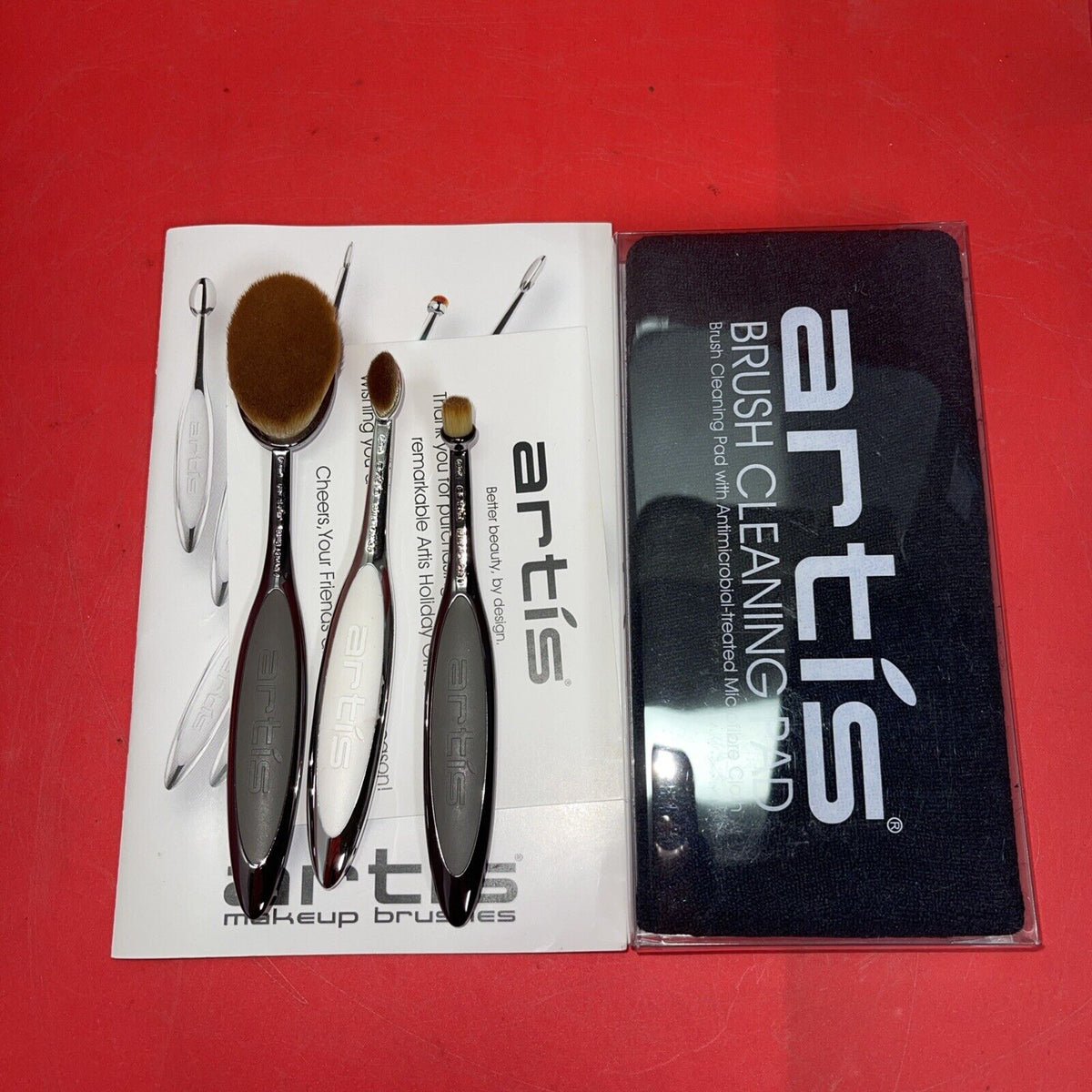 Artis Elite Collection Make-Up Black Finish Cosme Fibre 3 Brush Set Used & Pad