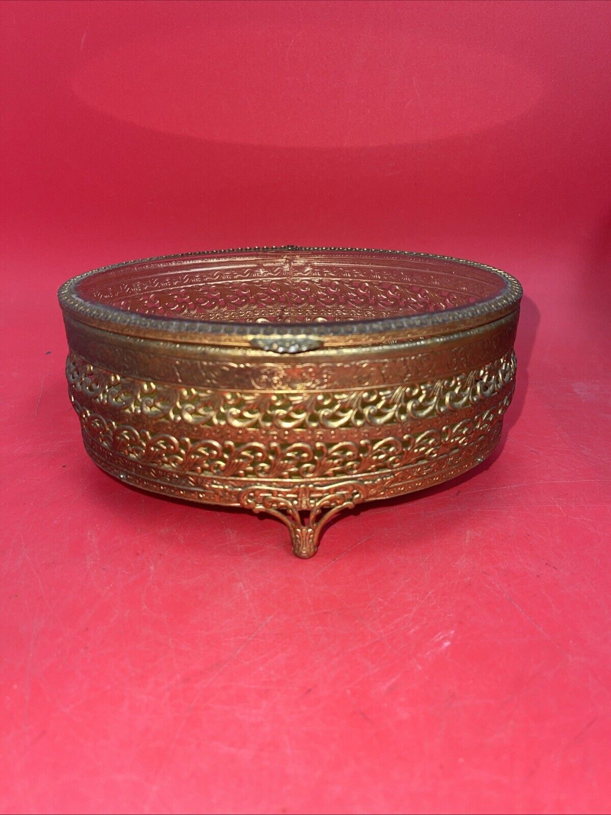 Vintage Gold Ormolu Oval Jewelry Casket Box Gold Velvet Beveled Glass Top 7”