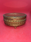 Vintage Gold Ormolu Oval Jewelry Casket Box Gold Velvet Beveled Glass Top 7”