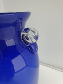 Gorgeous Blue Glass Vase Applied Clear Scroll Handles 10.5"