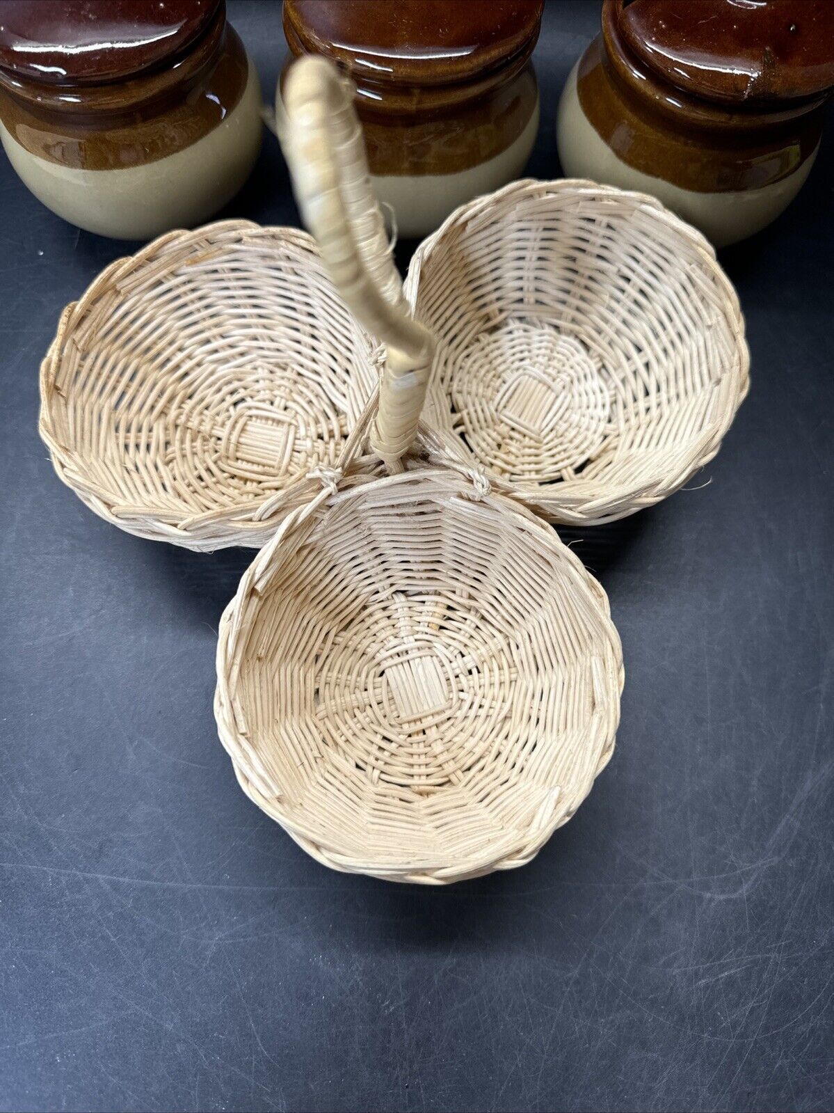 Vintage Rattan Condiment Caddy w/ 3 Stoneware Crocks