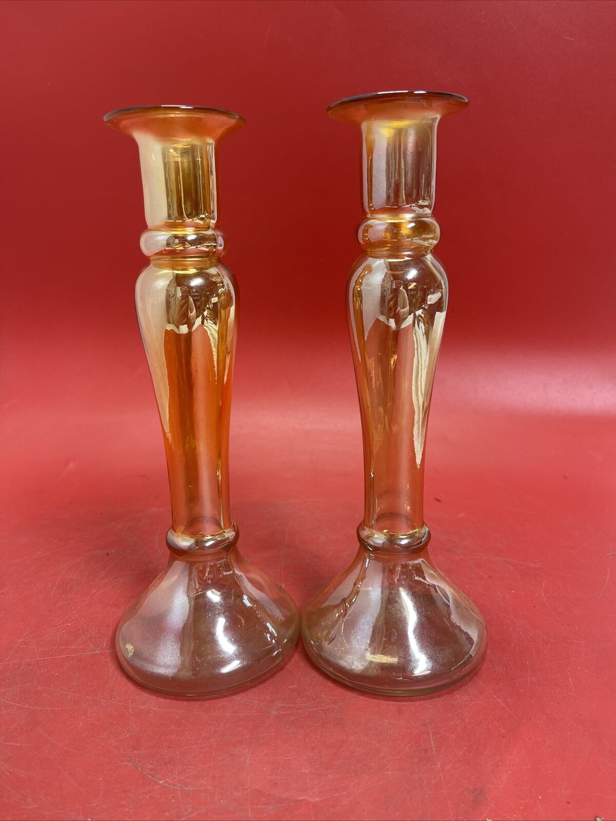 Antique Carnival  - Pair of Marigold Candlesticks 10”