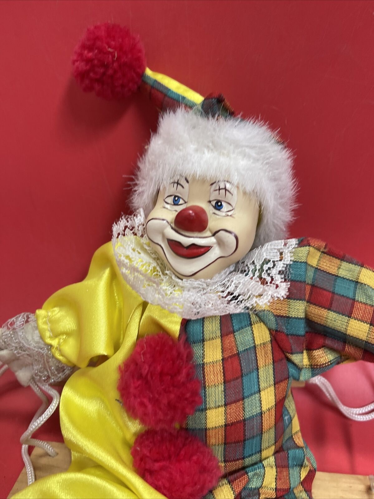 Clown Marionette Puppet With Porcelain Face On Swing 9” Figure - Preowned