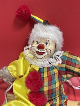 Clown Marionette Puppet With Porcelain Face On Swing 9” Figure - Preowned
