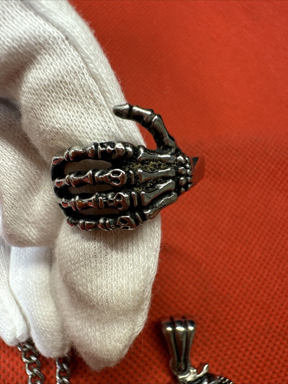 Stainless Steel Red Glass Claw Pendant, Necklace, Ring/ Set Of 3