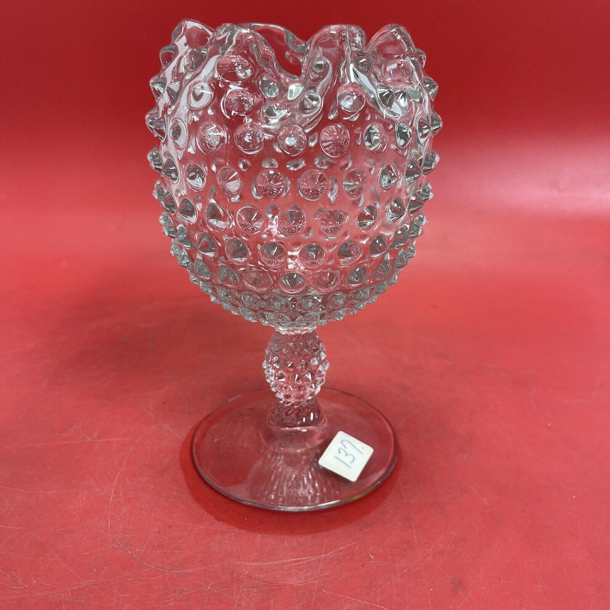Duncan & Miller Clear Glass Hobnail Crimped Footed Vase Vintage