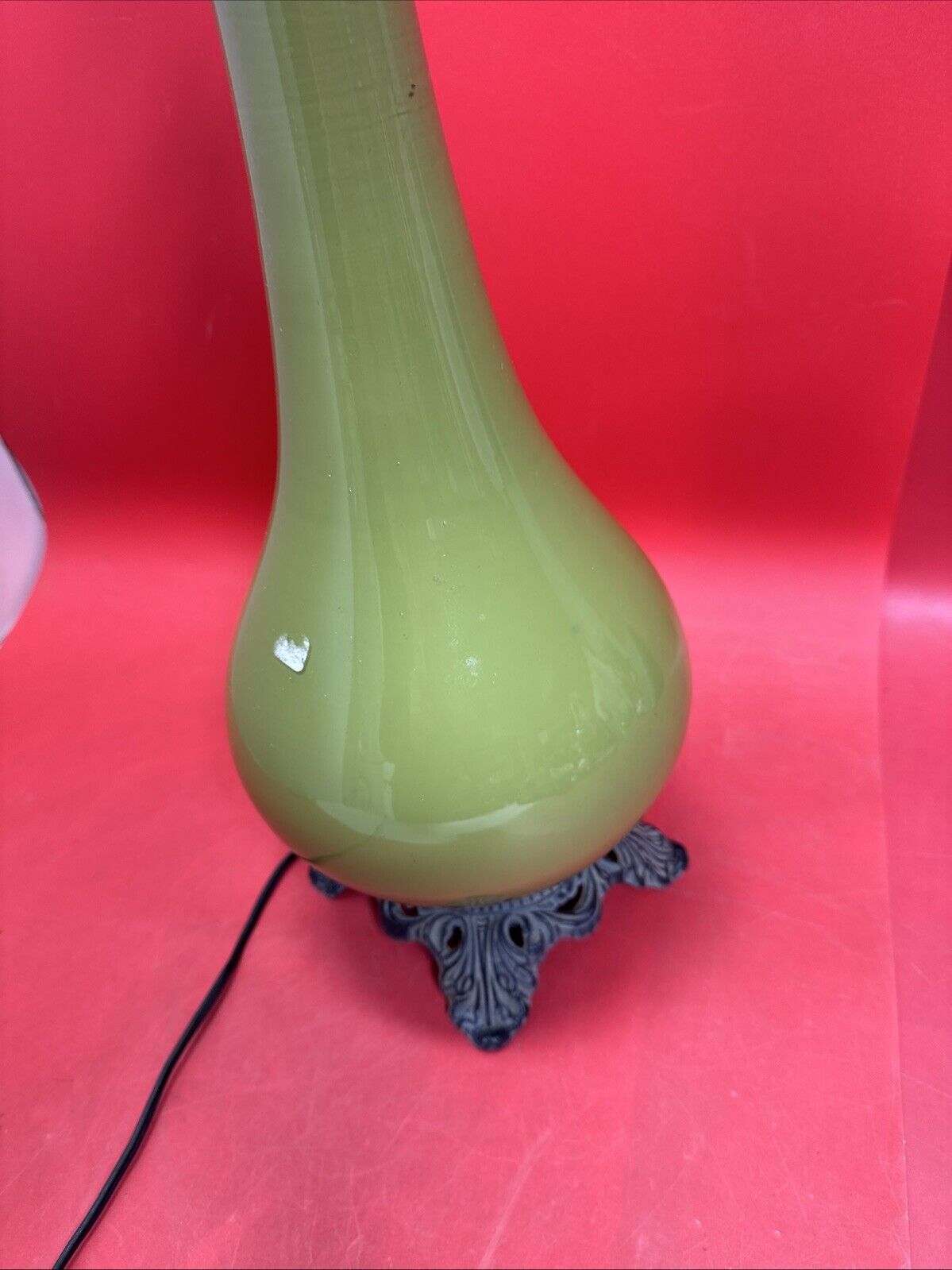 Vintage Gothic Green Porcelain and Brass Table Lamp 29.5” Tall