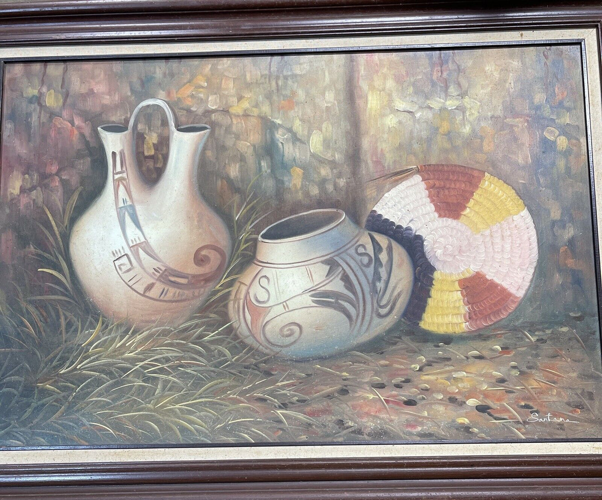 Original Native American Southwest Pottery Canvas Oil Painting Signed Santana