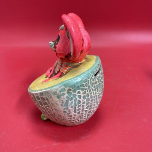 Vintage Chalkware Holiday Fair Mouse in Melon Piggy Coin Bank Neon Kitsch 1960s
