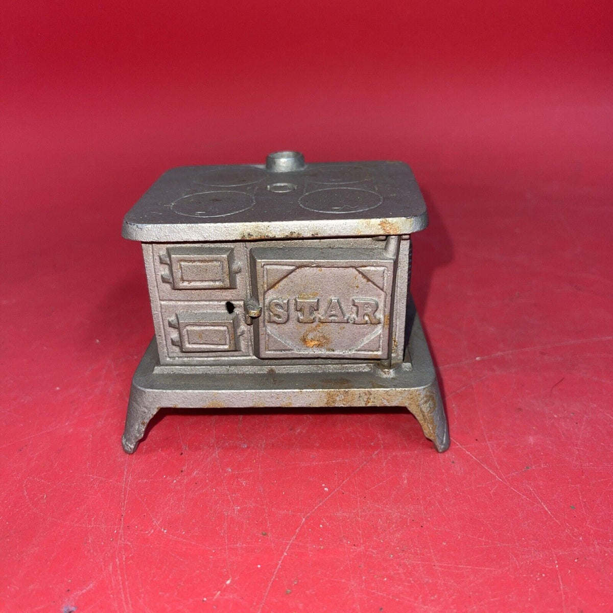 Vtg Star Miniature Cast Iron Cookstove 4x3 Dollhouse Sample Wood Burning Stove