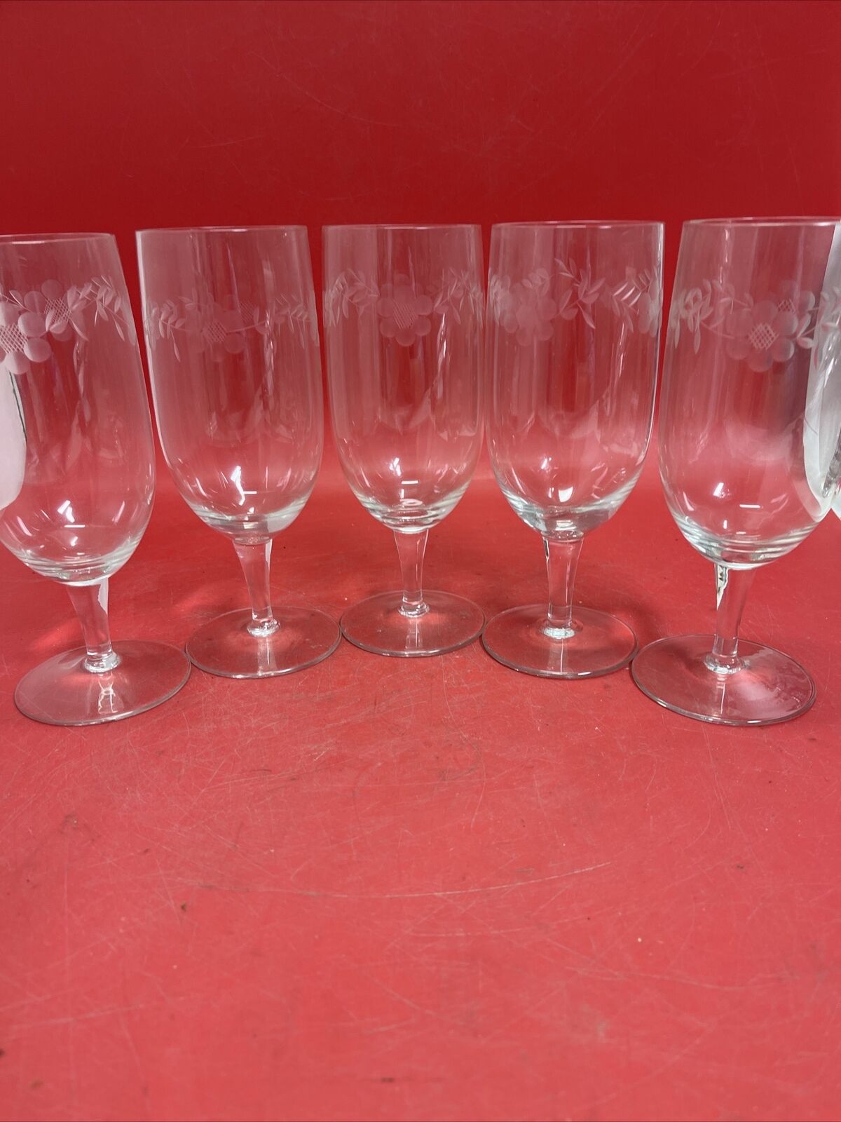 Set 5 Wine Glasses Etched Floral Design Vintage Goblets