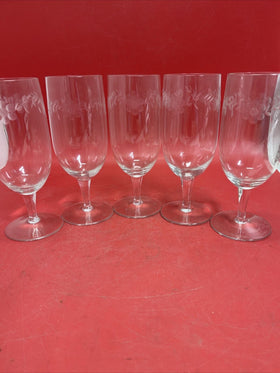 Set 5 Wine Glasses Etched Floral Design Vintage Goblets