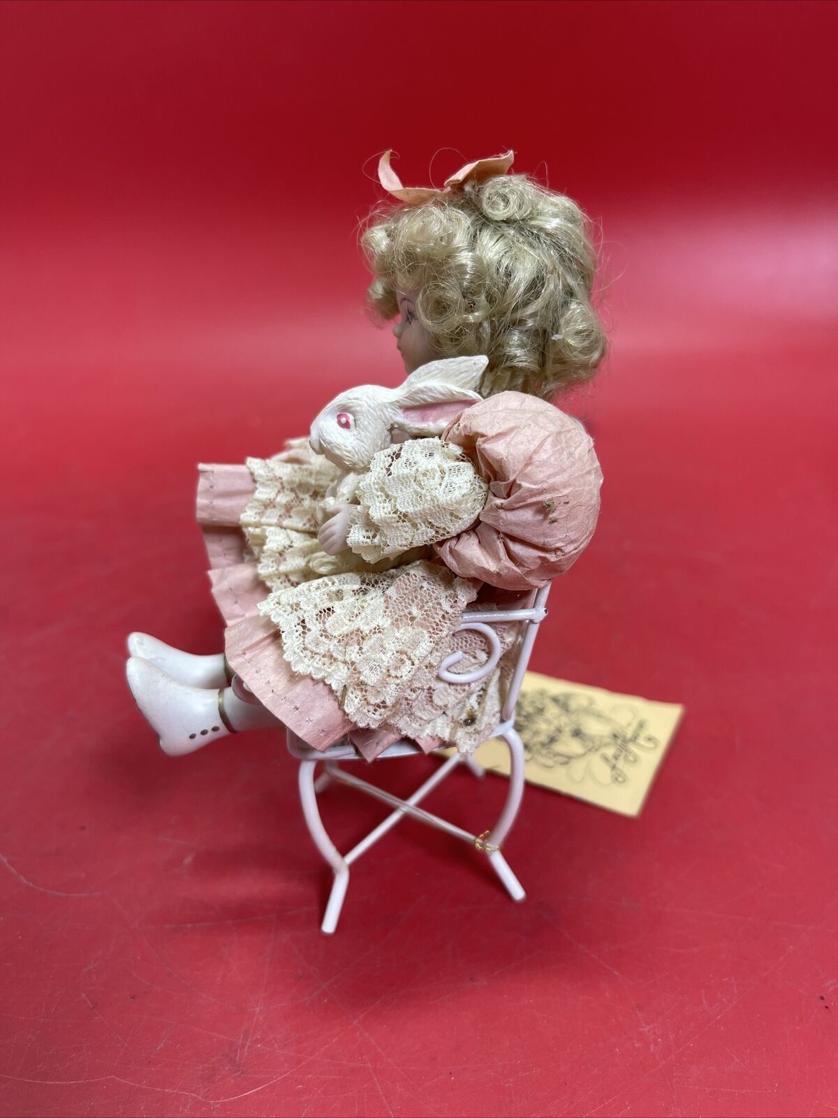 Porcelain Doll in Floral Dress with Curly Hair and Bunny Rabbit 1990s Vintage