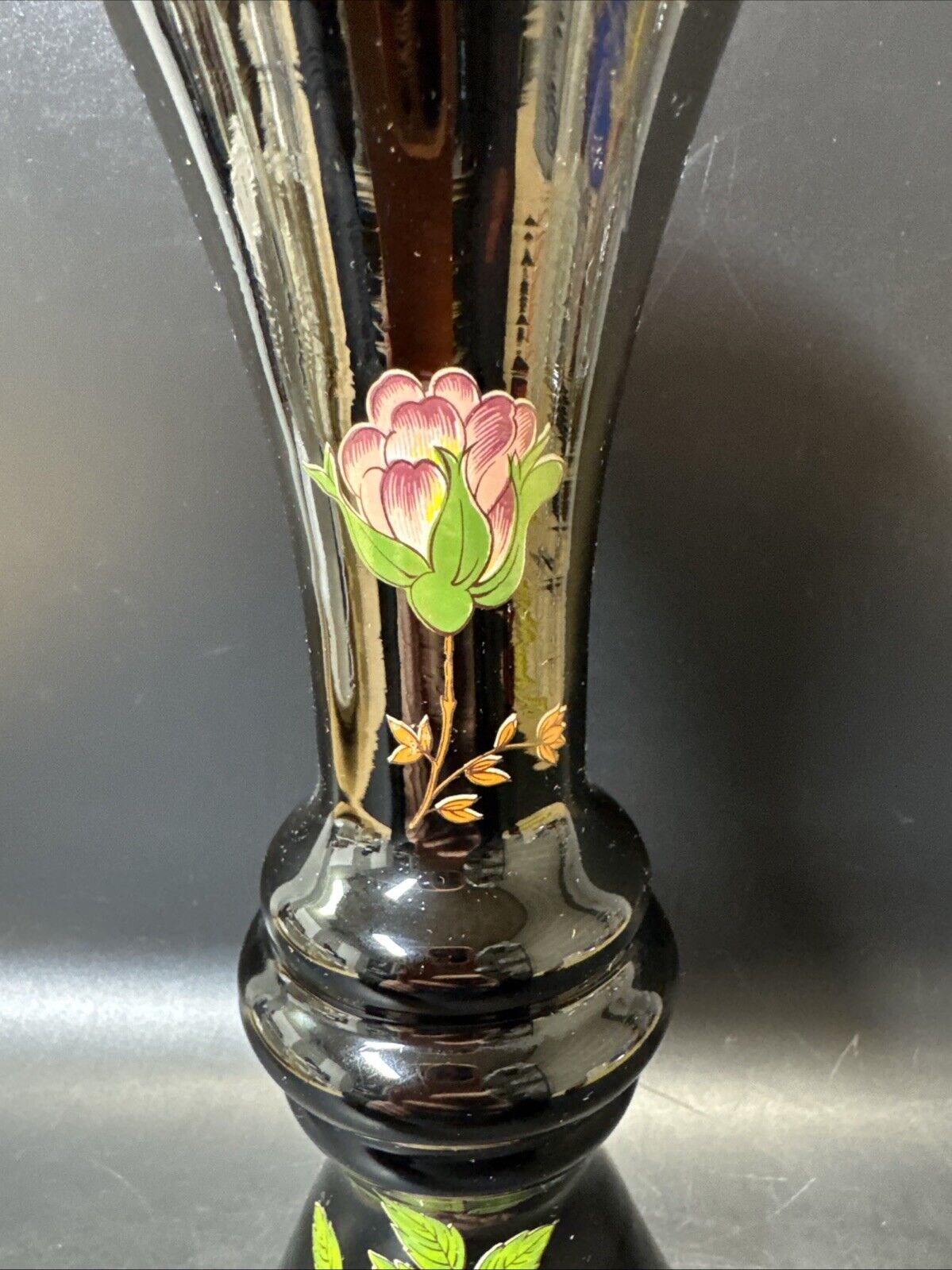 Norleans Black Vase with Pink Flower Oriental Vase Made In Italy Gold Trim