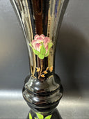 Norleans Black Vase with Pink Flower Oriental Vase Made In Italy Gold Trim