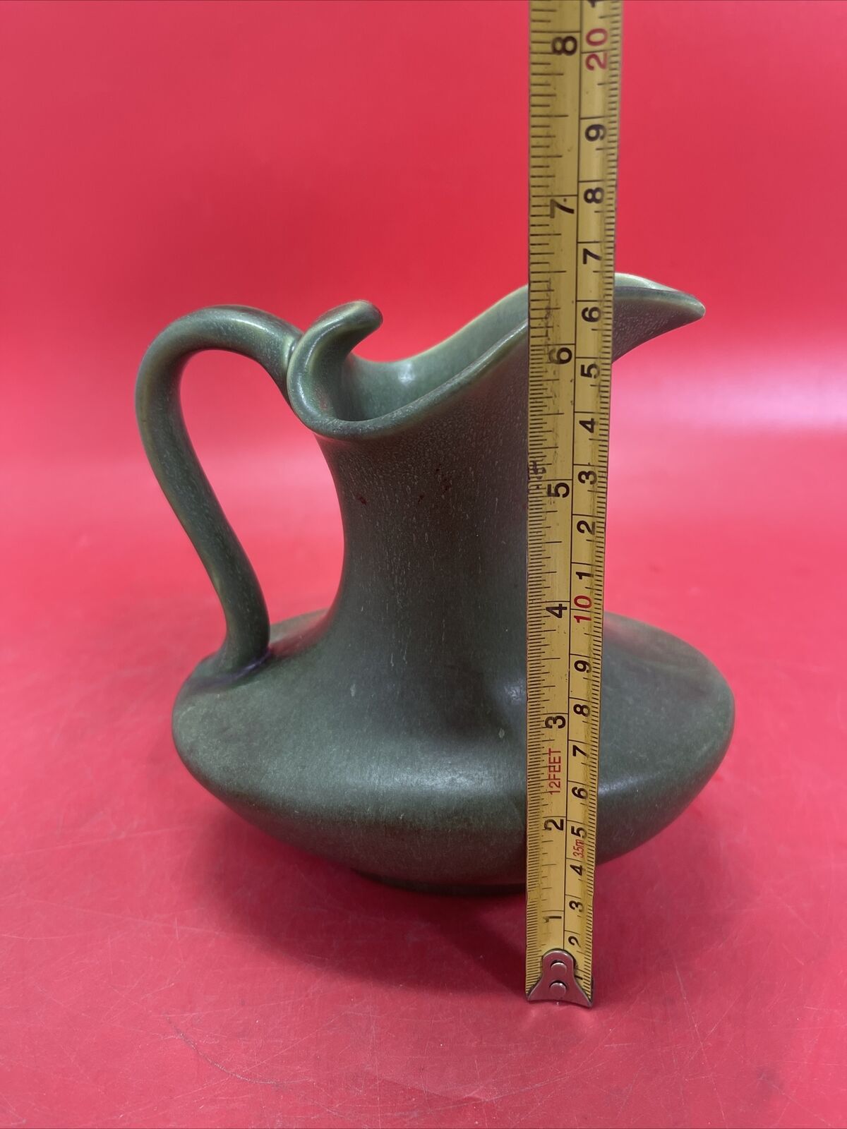 Arts and Crafts Hampshire Matte Green  Pottery Pitcher Vase 6”