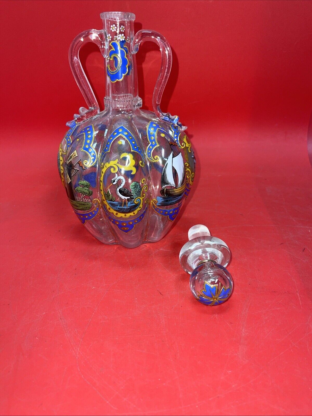 Vintage Italian Dutch Hand Painted Art Glass Decanter With Handles