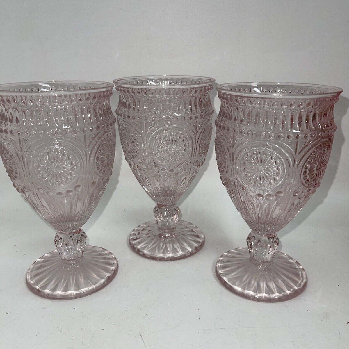 Weddingstar Vintage Inspired Pressed Glass Goblet, Clear-Pink 10oz Lot 3