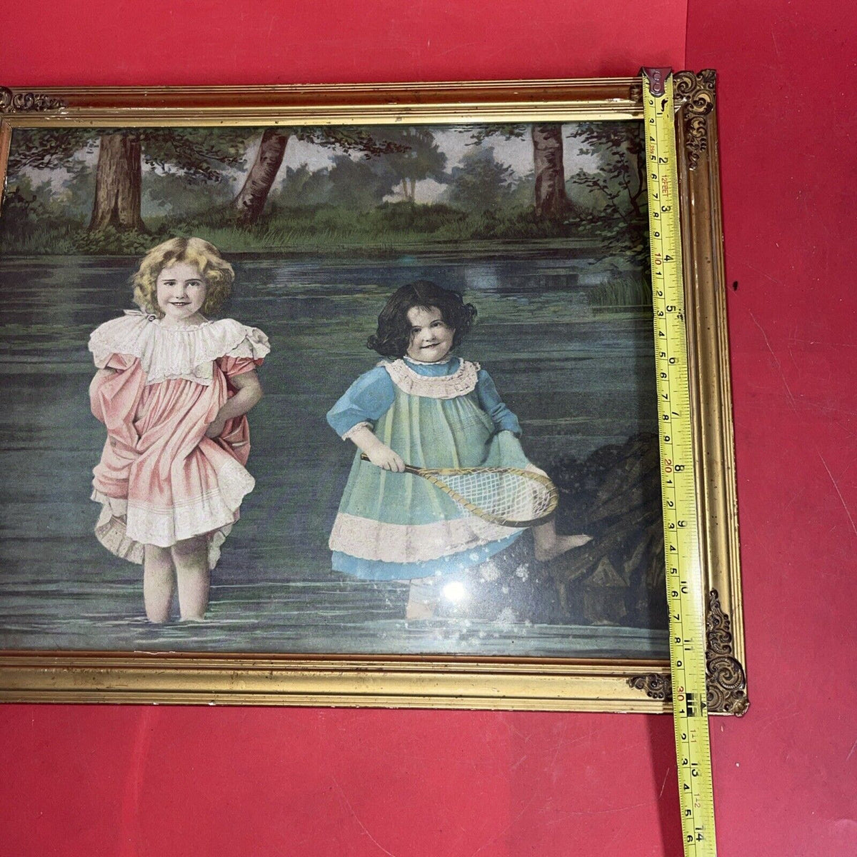 Antique framed lithograph "Children-Girls in the River"