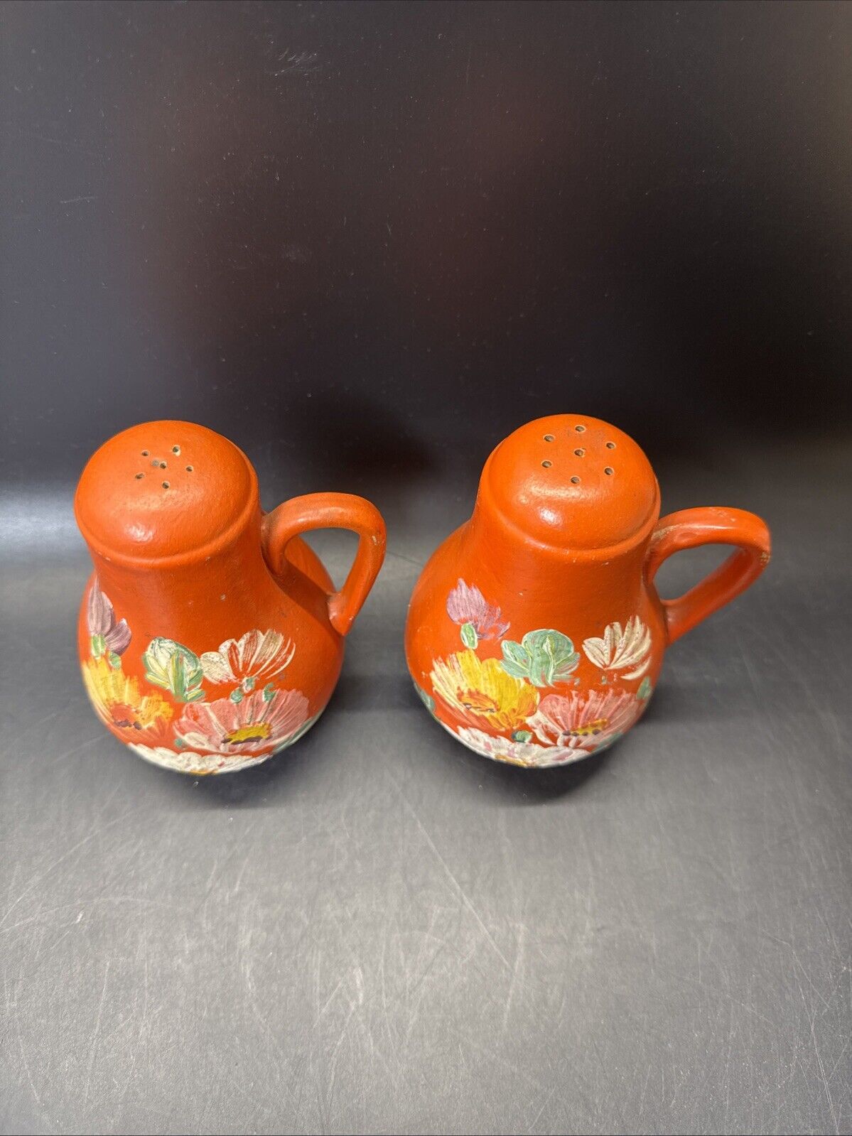 Vintage Pottery Orange Hand Painted Jug SALT & PEPPER Shakers