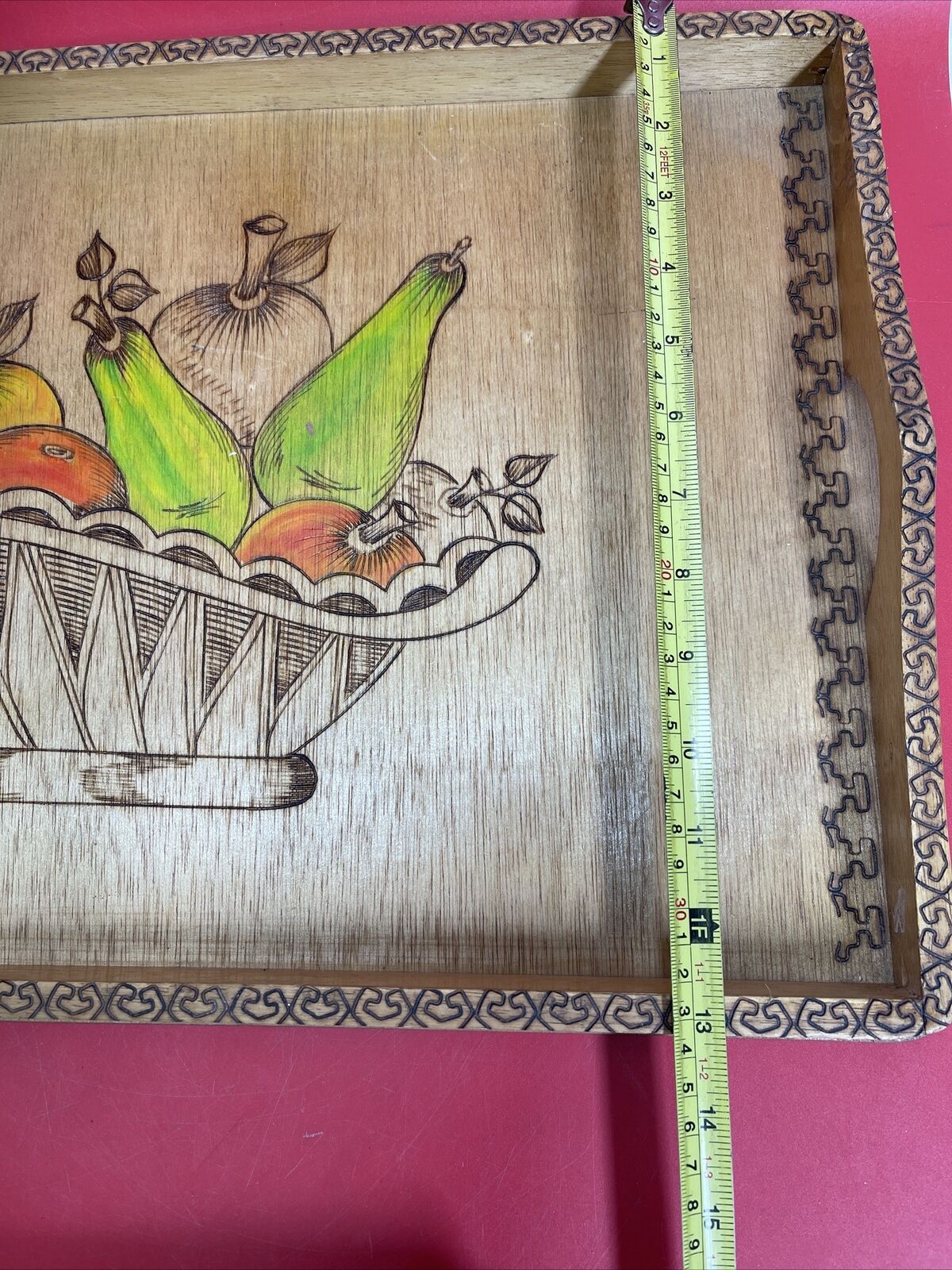 Vintage carved wooden tray with tropical island fruits and border Lot 4