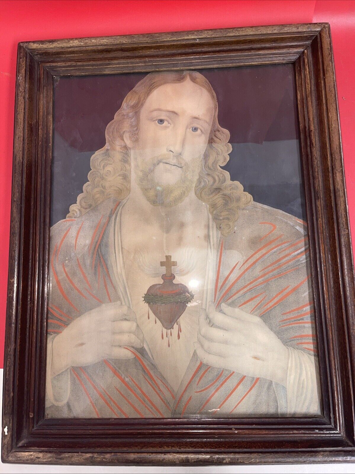 Antique 19th Century 1850s Sacred Heart Of Jesus Christ Chromolithograph Print