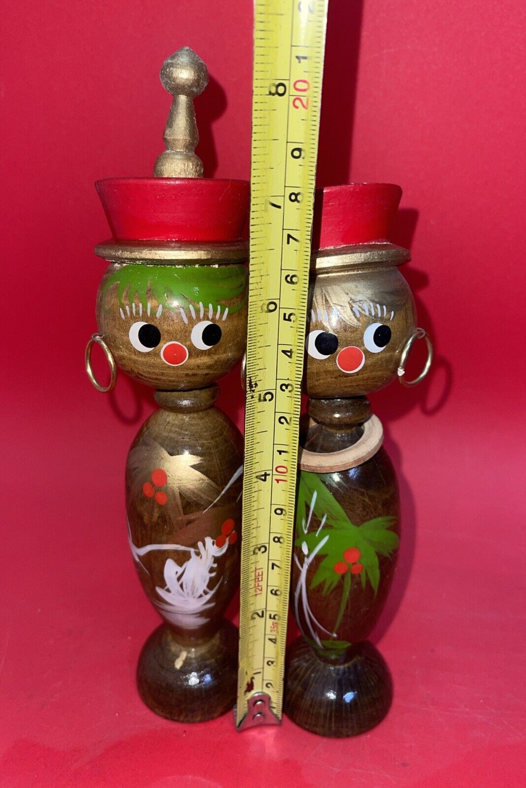 Vintage Wood Island Tropical King & Queen Kokeshi Bobble Head Dolls Handpainted 