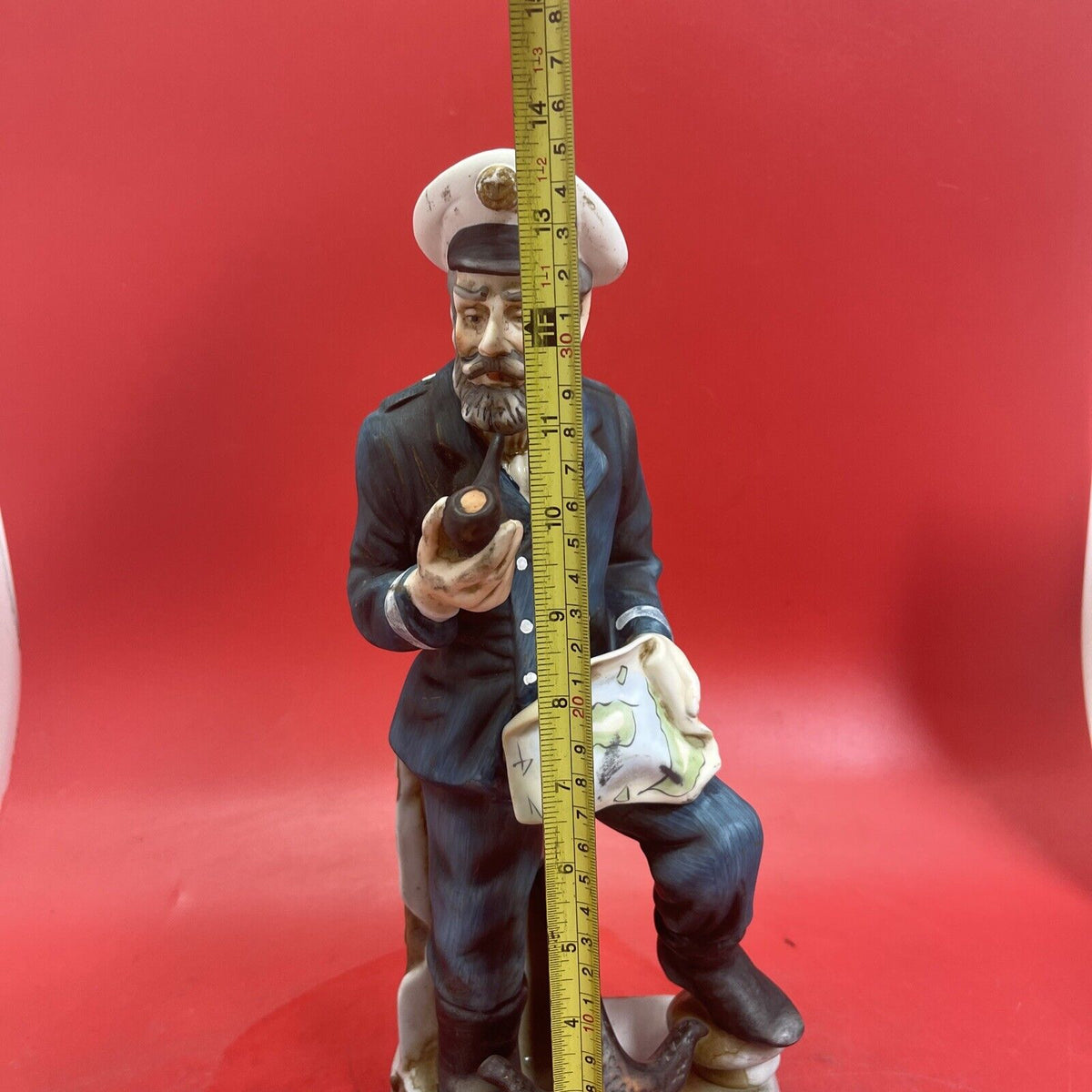 Vintage Bisque Porcelain Sea Captain with Map and Pipe Figurine - 14" Tall