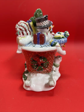 Fitz & Floyd Christmas The Flurries Snowmen in Sleigh Lidded Bowl Dish