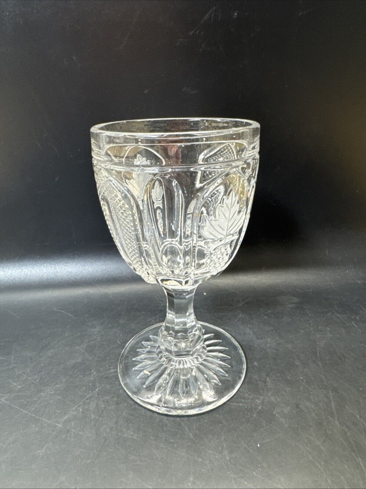 Flint Frosted Magnet and Grape Early American Pattern Glass Goblet