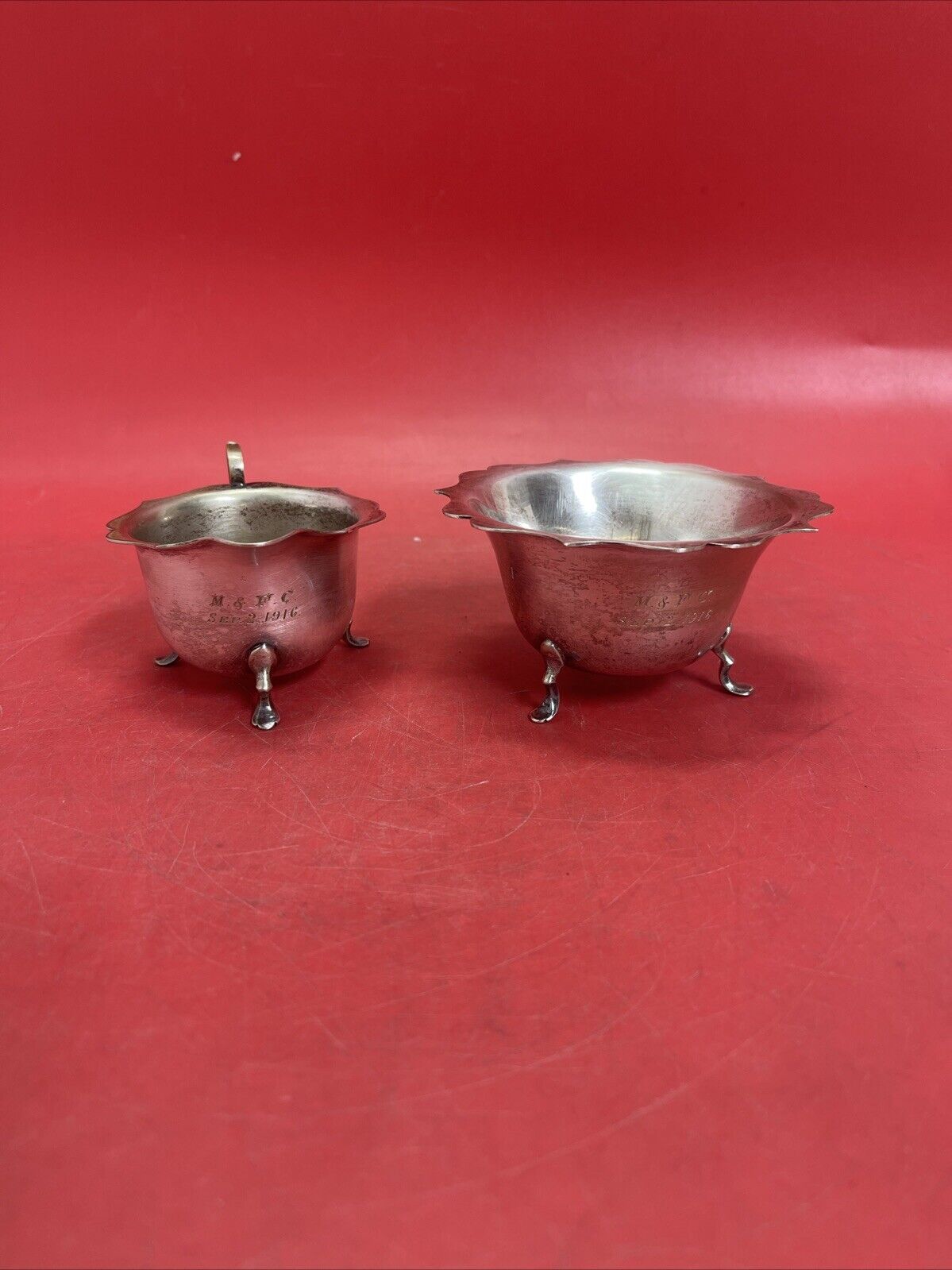 EPNS Silver Plated, Footed Creamer and Sugar (open bowl) 1916
