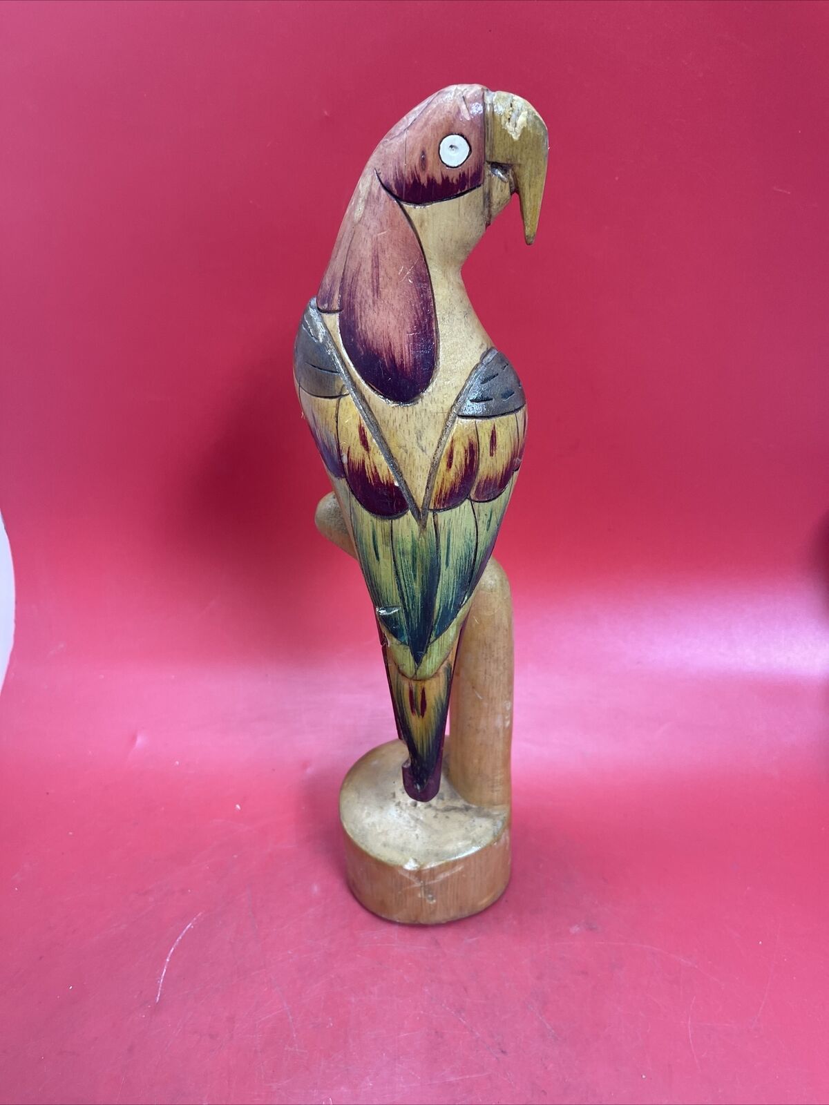Vintage Wooden Parrot on Perch Hand Carved Painted Tropical Sculpture 16”