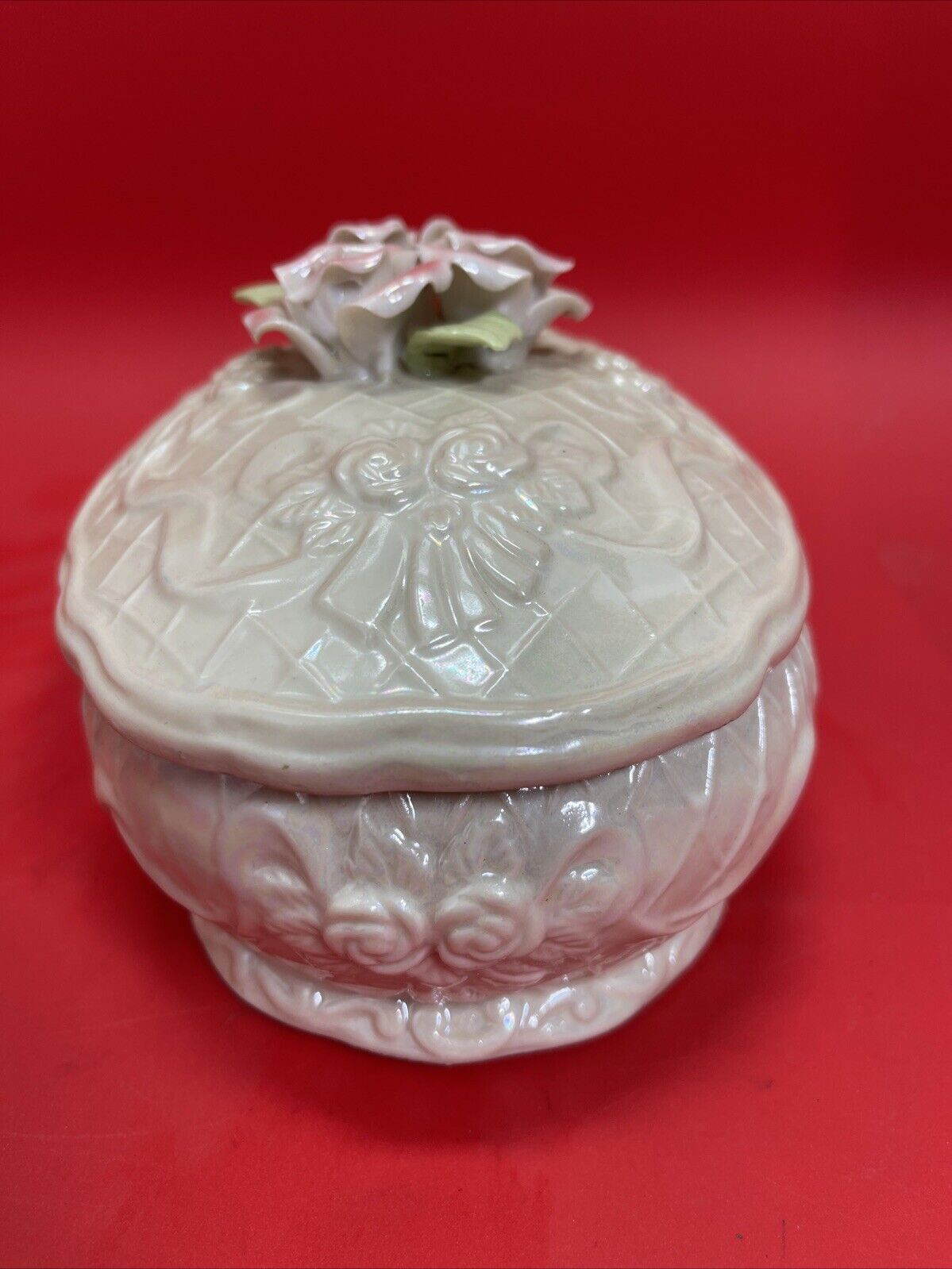 Porcelain Embossed Trinket Box Lidded Roses
