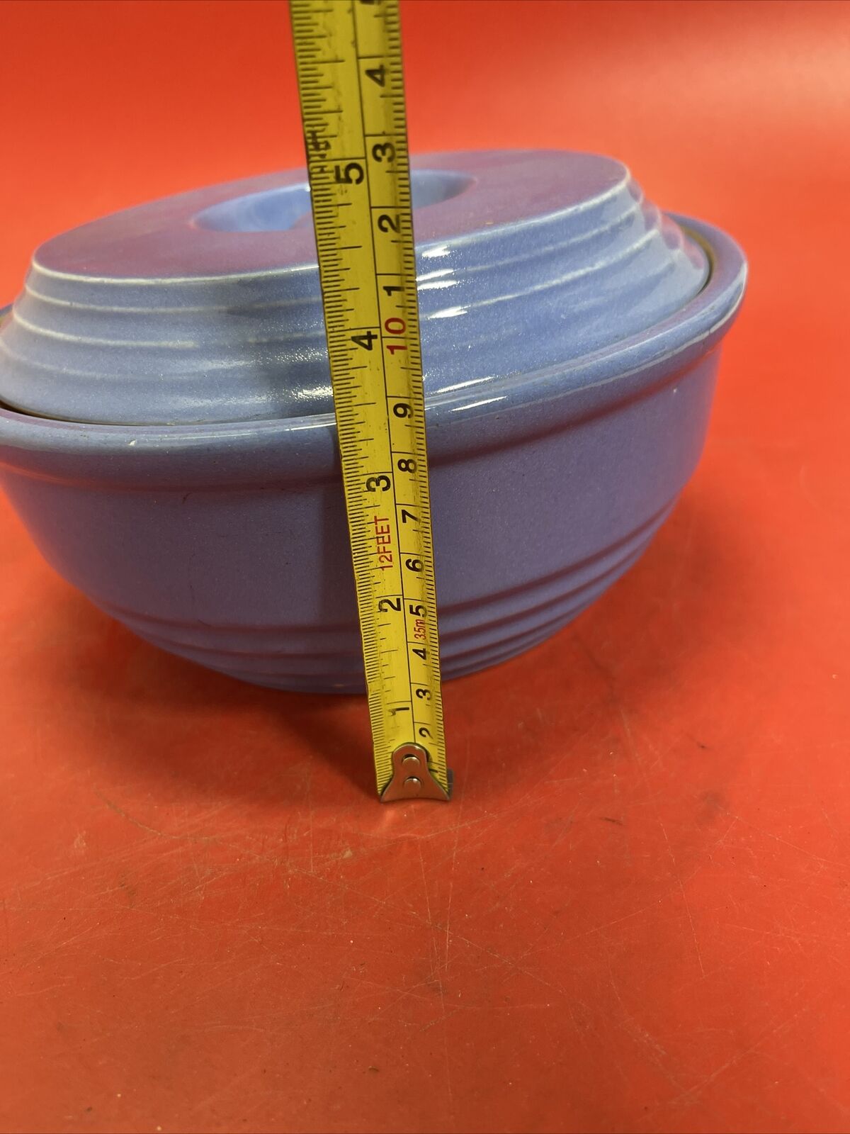 Vintage Blue Glazed Stoneware CASSEROLE + LID Serving Bowl Crock 8" Dia.