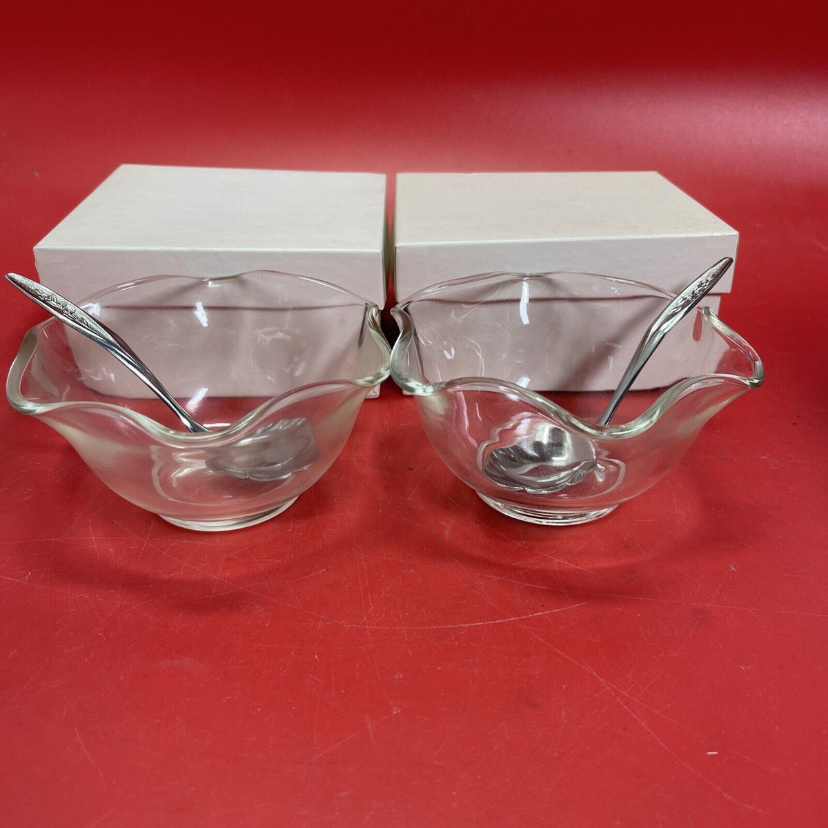 Clear ruffled glass fruit/dessert bowl and spoon.Lot 2+2