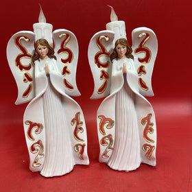 Set of 2 Resin Christmas Angels w/ Taper Candle Table Centerpiece Holiday Decor