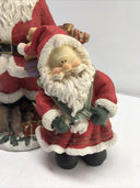 12", 8” Resin Jolly Santa Claus Figurine Holding Teddy Bear With Toys 2Set