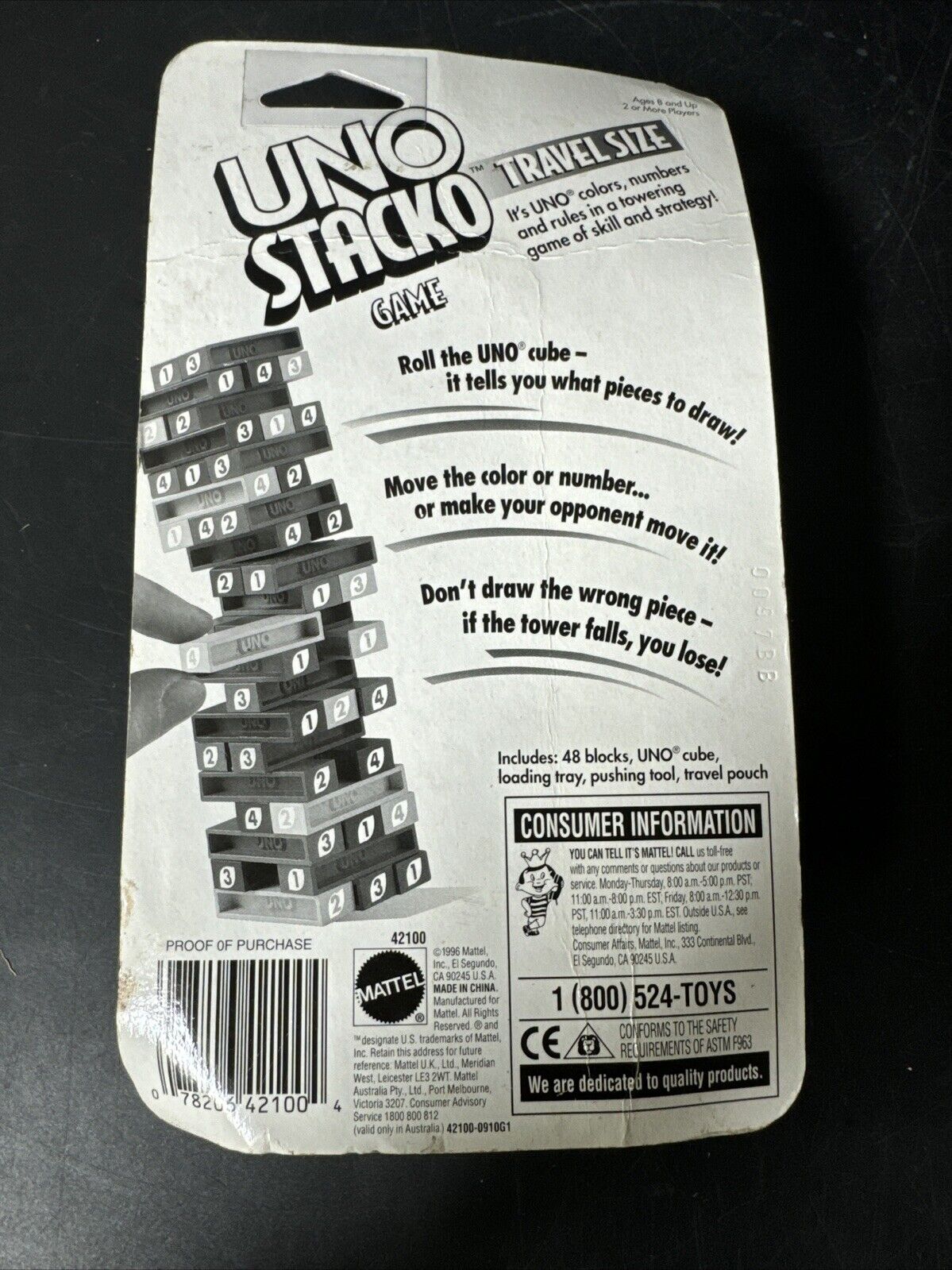 Vintage Uno Stacko Card Stack Block Game Travel Size, New 1996