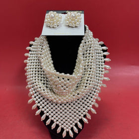 Pearl Bib Statement Necklace Earring Set Oversized Collar Beaded Costume Jewelry