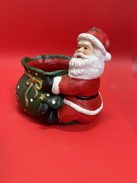 VINTAGE CHRISTMAS SANTA W/LARGE TOY GIFT SACK BAG CERAMIC CANDY DISH PLANTER