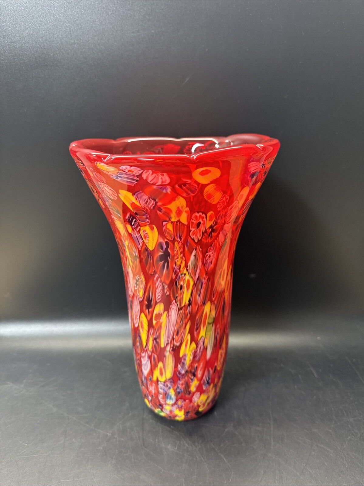 Murano Vase Made In Italy Red Millefiori Hand Blown Glass Heavy Vase 11" Tall