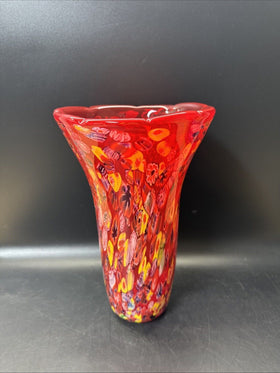 Murano Vase Made In Italy Red Millefiori Hand Blown Glass Heavy Vase 11" Tall